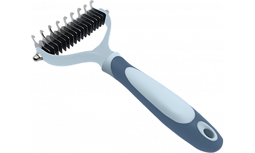 Peigne Démêlant pour Chien Râteau démêloir bleu pour chien et chat, avec lames en acier inoxydable et poignée ergonomique pour peaux sensibles.