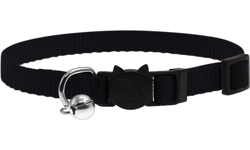 Collier réglable violet pour chat, léger, avec boucle de sécurité motif chat et petite clochette argentée.