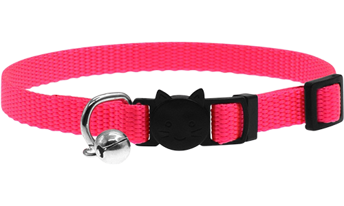 Collier réglable rose pour chat, léger, avec boucle de sécurité motif chat et petite clochette argentée.