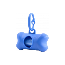 Blauwe botvormige hondenpoepzakdispenser, handig voor hondenbezitters. Bevestigbaar aan riemen voor snelle toegang.