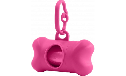 Distributeur de sacs à crottes rose en forme d'os, pratique pour les chiens, s'attache facilement à la laisse.