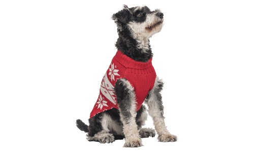 Pull d'hiver rouge pour chien, motif flocon de neige blanc, lavable, offre chaleur et style festif unique.