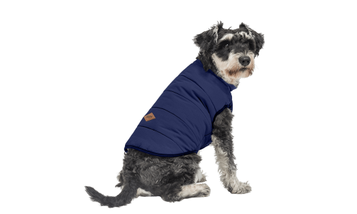 Gilet d'hiver bleu marine coupe-vent pour chien, ajustement confortable, conçu pour la chaleur et la protection.