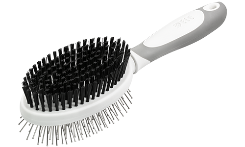 Brosse double face pour chien, avec poignée ergonomique, poils doux d’un côté et picots métalliques de l’autre.