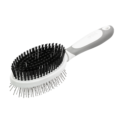 Dubbelzijdige hondenborstel met ergonomisch handvat, zachte borstelharen en metalen pinnen voor dubbel trimmen.