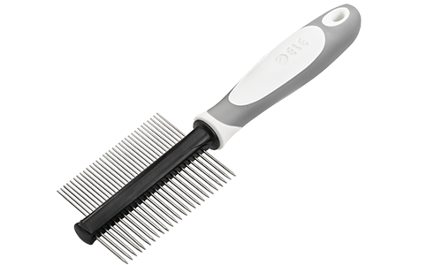 Peigne double face pour chien avec poignée ergonomique, dents métalliques fines et larges pour démêler et toiletter.