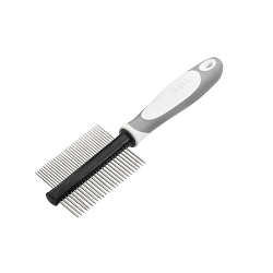 Dubbelzijdige hondenkam met ergonomisch handvat, fijne en brede metalen tanden voor ontwarren en trimmen.