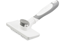 Brosse slicker auto-nettoyante pour chien et chat, avec poils rétractables et bouton pour un retrait facile des poils.