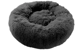 Lit chien luxe rond, couleur gris foncé, matériau doux de haute qualité, avec peluche pour un confort cosy.
