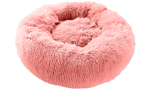 Lit chien luxe rond, couleur rose, matériau doux de haute qualité, confort deluxe et design élégant.