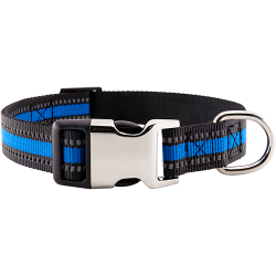 Collier chien réfléchissant bleu avec boucle métal gravée, 27-40 cm x 1,5 cm, avec anneaux en D pour attacher la laisse.