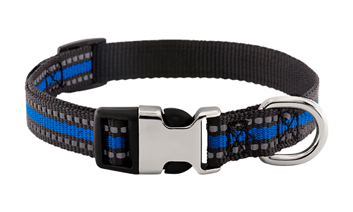 Reflecterende blauwe hondenhalsband met gegraveerde metalen gesp, 27-40 cm lang, 1.5 cm breed, met D-ringen voor riem.