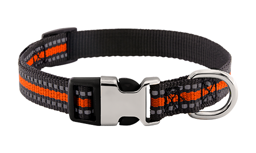 Reflecterende oranje hondenhalsband met gegraveerde metalen gesp, 27-40 cm lang, 1.5 cm breed, met D-ringen voor riem.
