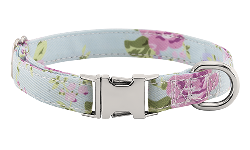 Pastel bloemenpatroon hondenhalsband met metalen gesp, 27-40 cm lang, 1.5 cm breed, met D-ring voor naamgravure.