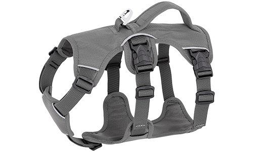 Harnais gris étanche pour chien avec sangles ajustables, adapté à différents chiens, avec anneau argenté robuste.