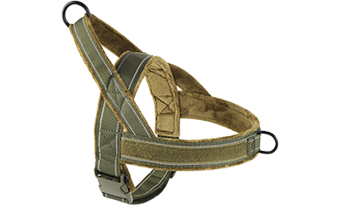 Harnais réfléchissant vert avec rembourrage doux, design anti-traction, visibilité améliorée, sangles ajustables.