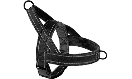 Harnais réfléchissant noir avec rembourrage doux, design anti-traction, visibilité améliorée, sangles ajustables.