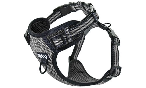 Harnais noir en nylon respirant pour chien, avec boucle et sangles ajustables, ajustement parfait, durable.