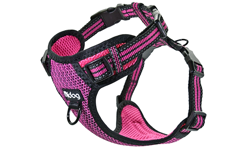 Harnais rose en nylon respirant pour chien, avec boucle et sangles ajustables, ajustement parfait, durable.