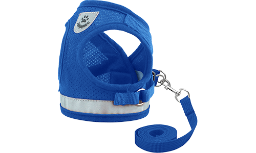 Harnais réfléchissant bleu pour chien avec laisse assortie, en tissu mesh respirant pour un ajustement confortable.