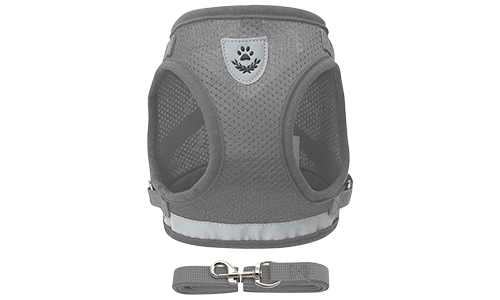 Zilveren reflecterende hondenharnas met bijpassende riem, lichtgewicht, ademend mesh voor comfortabele pasvorm.
