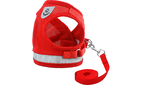 Harnais réfléchissant rouge pour chien avec laisse assortie, en tissu mesh respirant pour un ajustement confortable.
