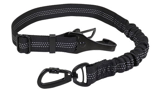 Laisse de sécurité réfléchissante noire pour chien, 55-65 cm, sangles ajustables, clip métallique pour voyage sécurisé.