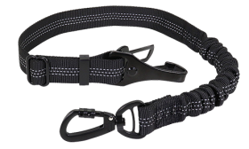 Laisse de sécurité réfléchissante noire pour chien, 55-65 cm, sangles ajustables, clip métallique pour voyage sécurisé.