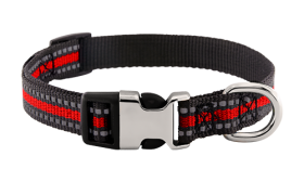 Reflecterende Hondenhalsband met Gegraveerde Gesp Reflecterende rode hondenhalsband met gegraveerde metalen gesp, 27-40 cm lang, 1.5 cm breed, met D-ringen voor riem.