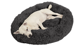 Lit chien luxe rond, couleur gris foncé, matériau doux de haute qualité, durable et facile à entretenir.