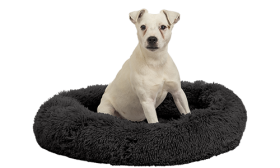 Lit chien luxe rond, couleur gris foncé, matériau doux de haute qualité, confort et soutien ultimes.