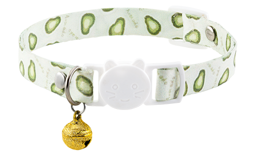 Collier anti-traction pour chat, design kiwi, ajustable et léger, avec boucle blanche et clochette dorée.