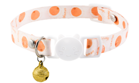 Collier anti-traction pour chat, design orange, ajustable et léger, avec boucle blanche et clochette dorée.