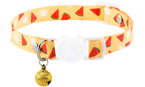 Collier Anti Étranglement pour Chat Collier anti-traction pour chat, design pastèque, ajustable et léger, avec boucle blanche et clochette dorée.
