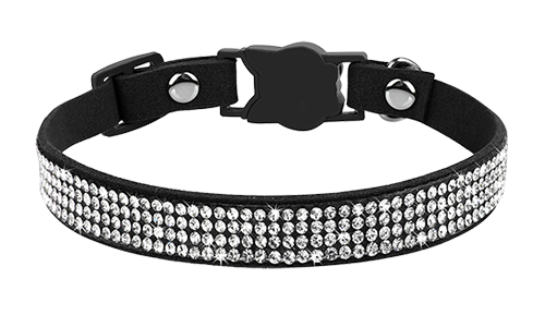 Collier anti-traction luxe noir pour chat avec cristaux, ajustable et léger pour confort, avec clochette noire.