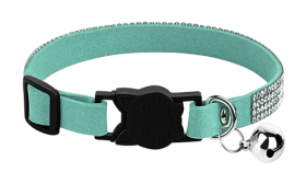Luxe turquoise breakaway kattenhalsband met kristallen, lichtgewicht voor comfort, kattenvormige gesp en zilveren bel.