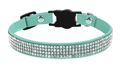 Collier anti-traction luxe turquoise pour chat avec cristaux, ajustable et léger pour confort, avec clochette turquoise.