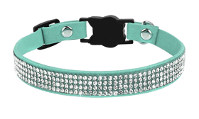 Luxe turquoise breakaway kattenhalsband met kristallen, verstelbaar en lichtgewicht voor comfort, met kattenvormige gesp.