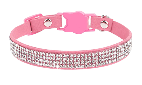 Collier anti-traction luxe rose pour chat avec cristaux, ajustable et léger pour confort, avec boucle en forme de chat.