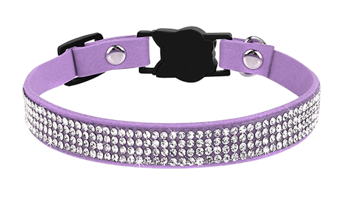 Collier anti-traction luxe violet pour chat avec cristaux, ajustable et léger pour confort, avec boucle en forme de chat.