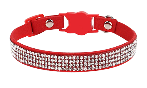 Collier anti-traction luxe rouge pour chat avec cristaux, ajustable et léger pour confort, avec boucle en forme de chat.
