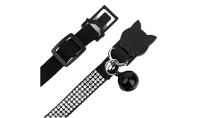 Luxe zwarte breakaway kattenhalsband met kristallen, verstelbaar en lichtgewicht voor comfort, met zwarte bel.