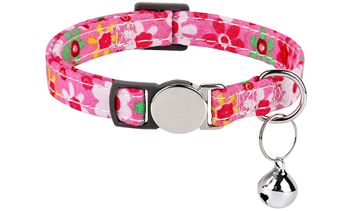Collier anti-traction pour chat rose floral, boucle métallique, ajustable et léger pour confort, clochette argentée.