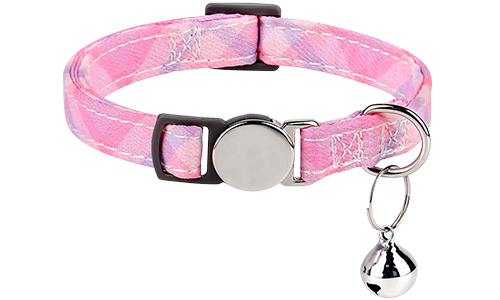 Collier anti-traction pour chat rose à carreaux, boucle métallique, ajustable et léger pour confort, clochette argentée.