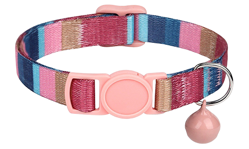 Collier anti-traction pour chat à rayures roses, ajustable et léger, avec boucle et clochette roses assortis.