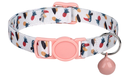 Collier anti-traction pour chat motif toucan et fruits colorés, ajustable et léger, avec boucle et clochette roses.