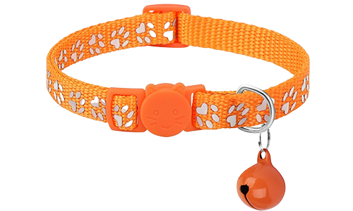 Collier anti-traction pour chat à motif de pattes orange, ajustable et léger, boucle de sécurité, clochette assortie.