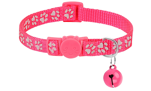 Collier anti-traction pour chat à motif de pattes rose, ajustable et léger, boucle de sécurité, clochette assortie.