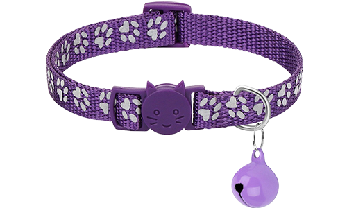 Breakaway Kattenhalsband met Pootjespatroon Paarse paw-patroon breakaway kattenhalsband, verstelbaar en lichtgewicht, reflecterende functie met bijpassende bel.