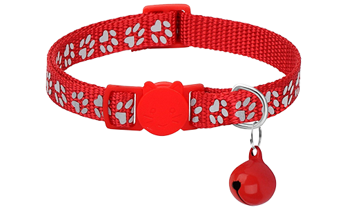 Collier anti-traction pour chat à motif de pattes rouge, ajustable et léger, boucle de sécurité, clochette assortie.